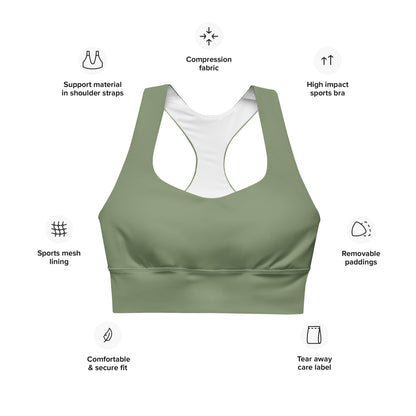Military Green Longline Camo UNCIVIL high impact Sports Bra with army spear. Product informational sheet.