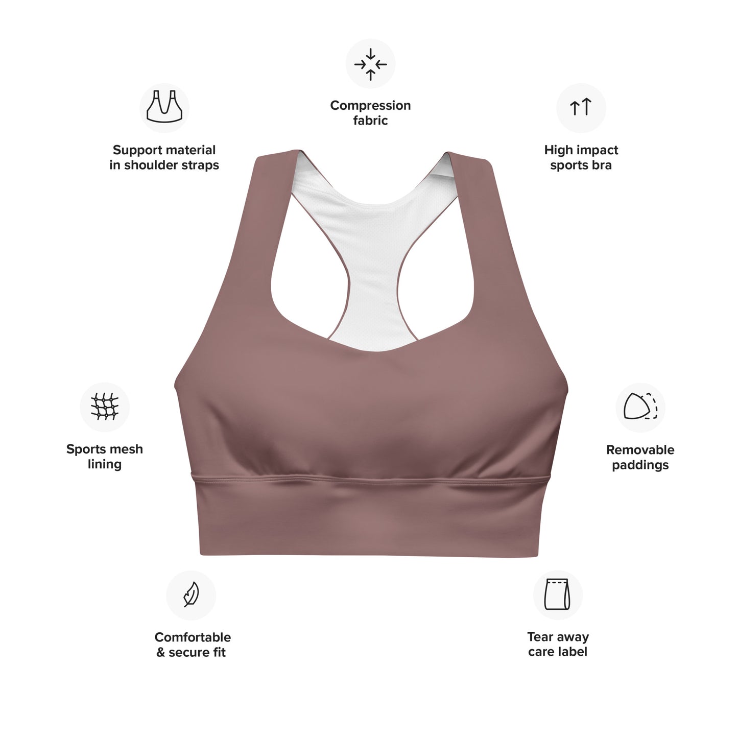 Muave Longline Camo UNCIVIL women's high impact Sports Bra with White spear. Product informational sheet.