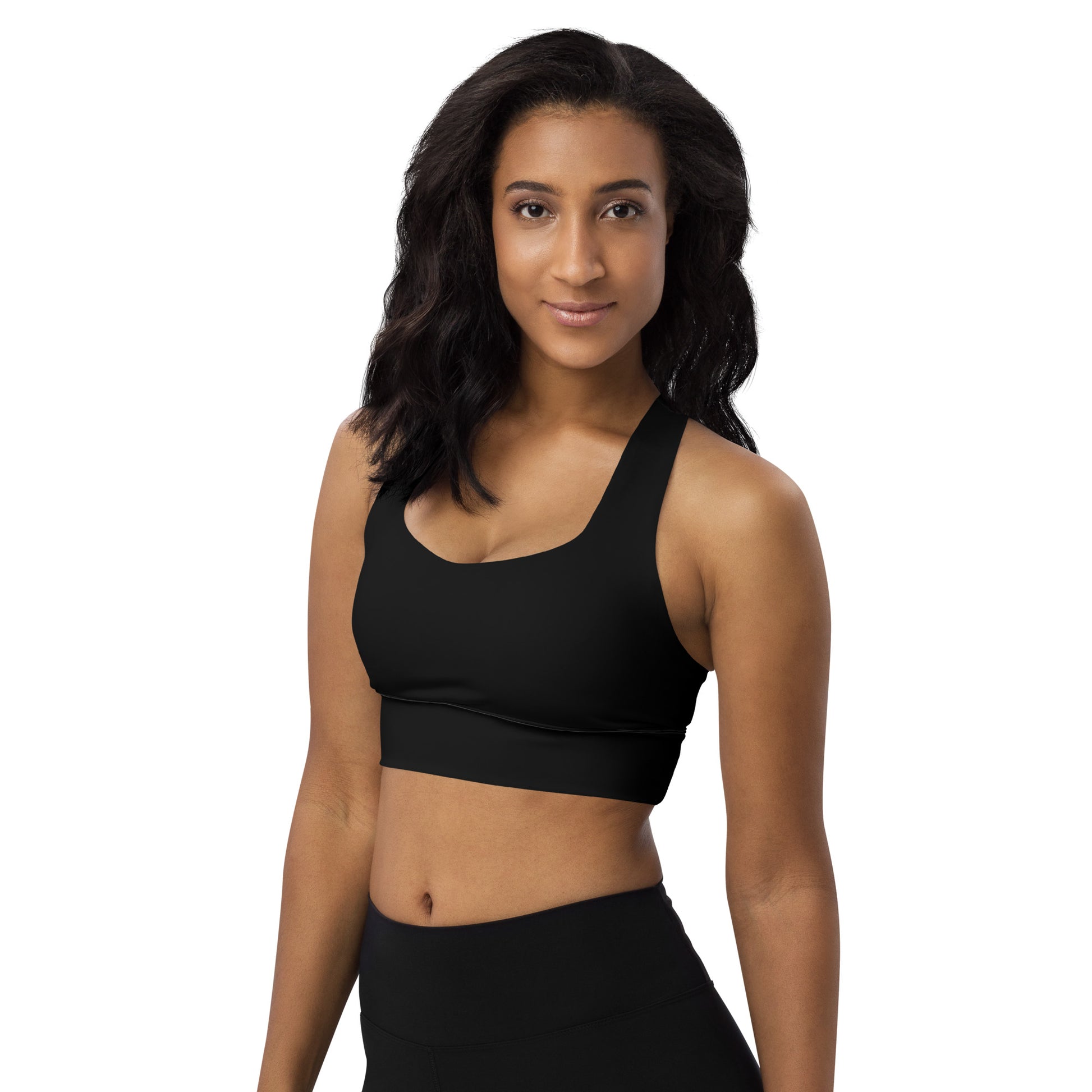 Black longline high support Betsy Ross UNCIVIL Sports bra.  With its compression fabric and double-layered front and shoulder straps, you can rest assured that you'll be supported through any activity. 