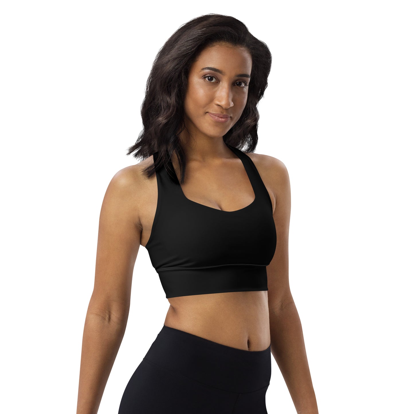 Black longline high support Betsy Ross UNCIVIL Sports bra.  With its compression fabric and double-layered front and shoulder straps, you can rest assured that you'll be supported through any activity. 