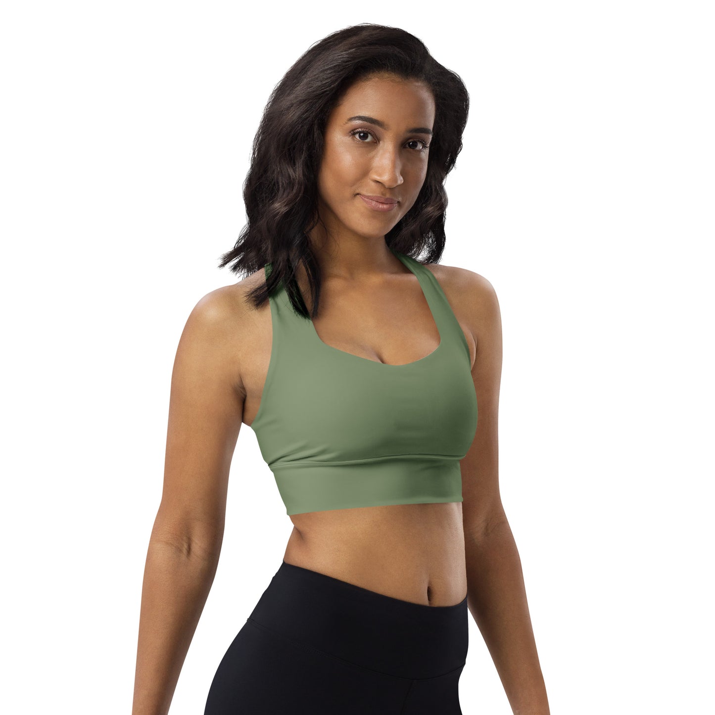 Military Green Longline Camo UNCIVIL Women's high impact Sports Bra with army spear.