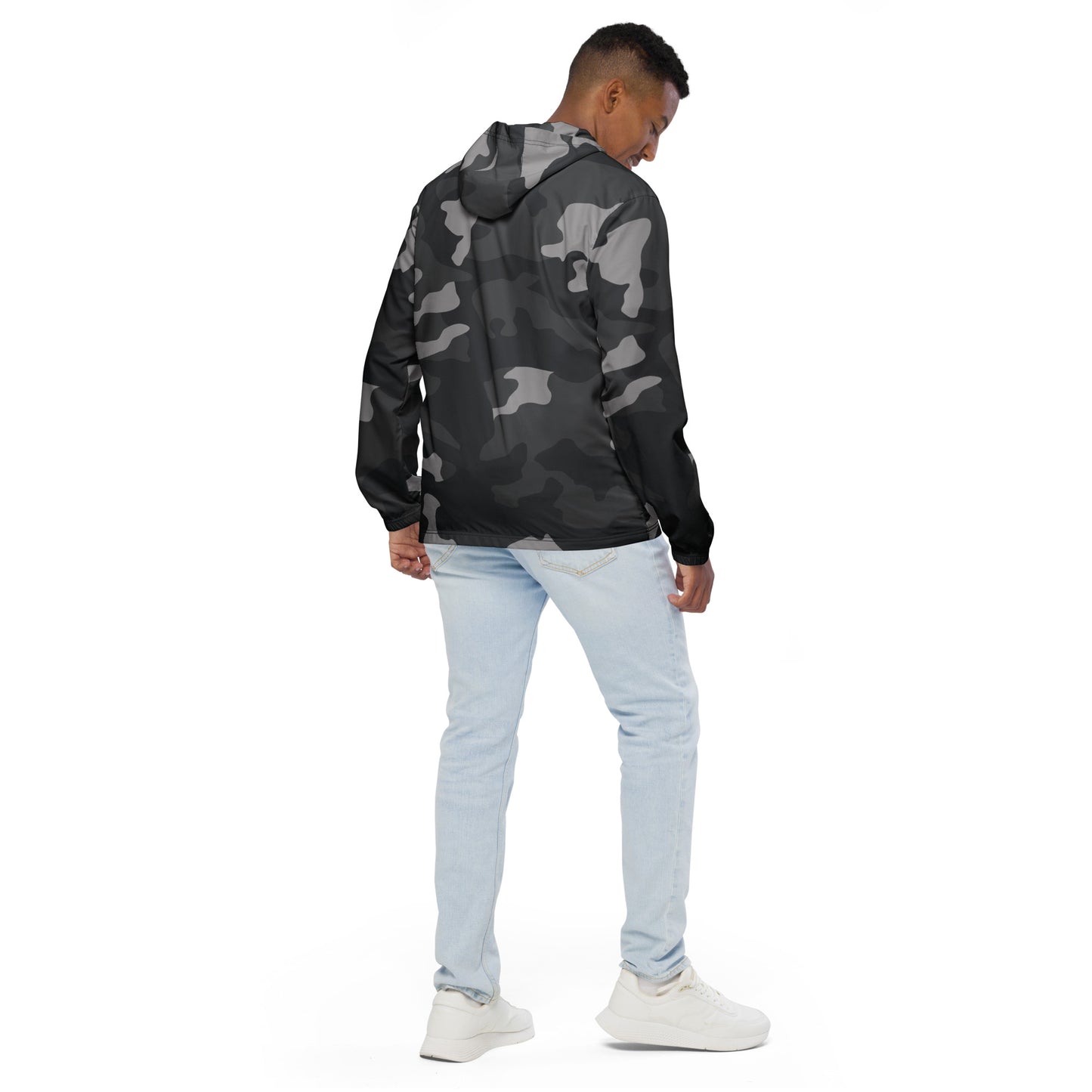 Men’s Grey Camo UNCIVIL breathable windbreaker with hoodie Back View