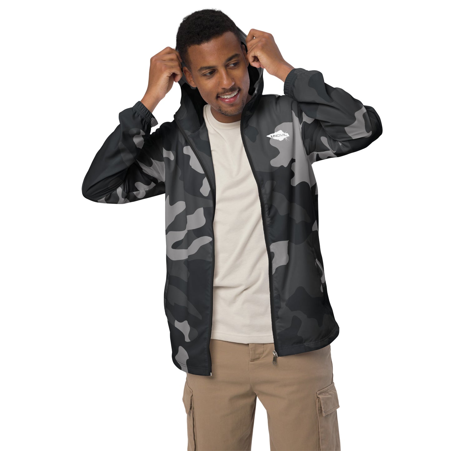 Men’s Grey Camo UNCIVIL breathable windbreaker with hoodie