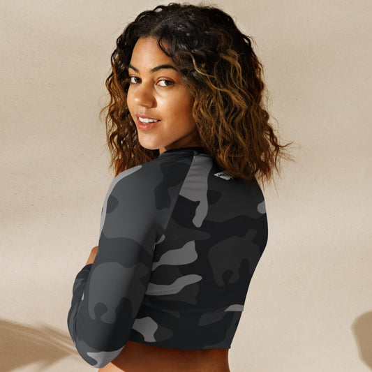 Grey Camo long-sleeve crop top for women is made of recycled polyester and elastane, making it an eco-friendly choice for swimming, sports, or athleisure. Army UPF 50+.