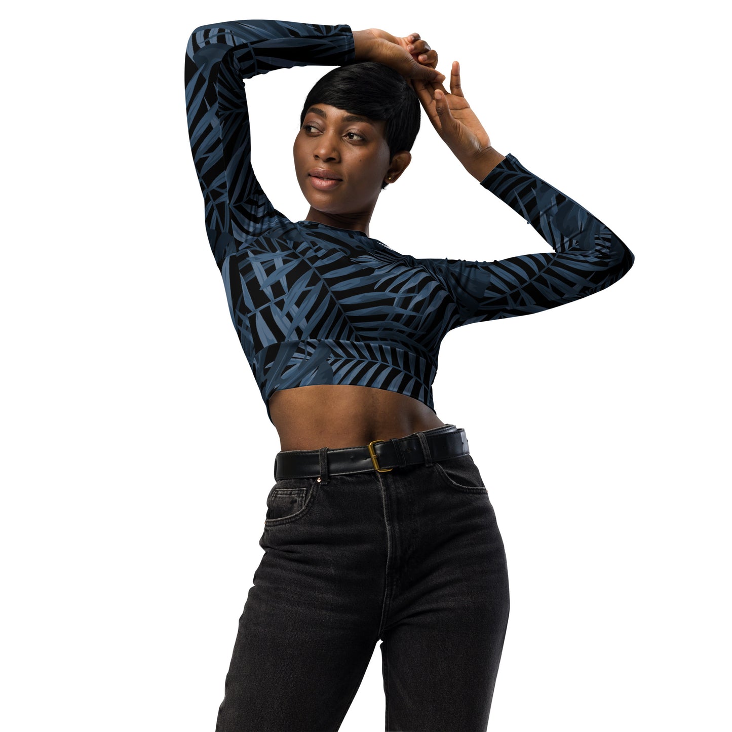 Steel Blue Palms long-sleeve crop top for women is made of recycled polyester and elastane, making it an eco-friendly choice for swimming, sports, or athleisure. UPF 50+.