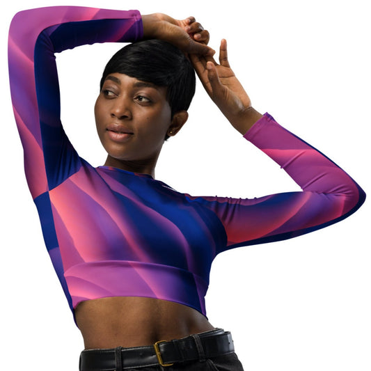 Milky Way long-sleeve crop top for women is made of recycled polyester and elastane, making it an eco-friendly choice for swimming, sports, or athleisure. UPF 50+.