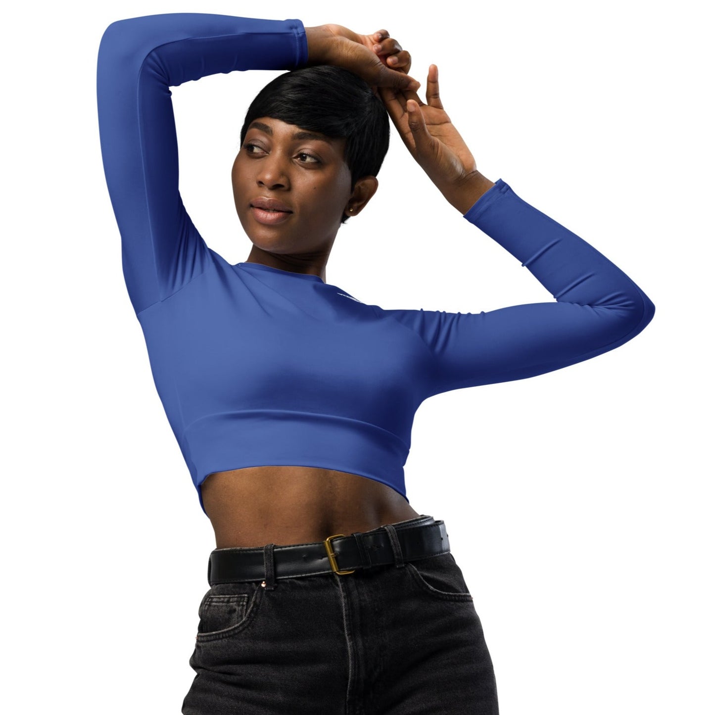 Baby Blue long-sleeve crop top for women is made of recycled polyester and elastane, making it an eco-friendly choice for swimming, sports, or athleisure. UPF 50+.