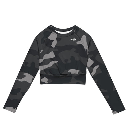 Grey Camo long-sleeve crop top for women is made of recycled polyester and elastane, making it an eco-friendly choice for swimming, sports, or athleisure. Army UPF 50+.