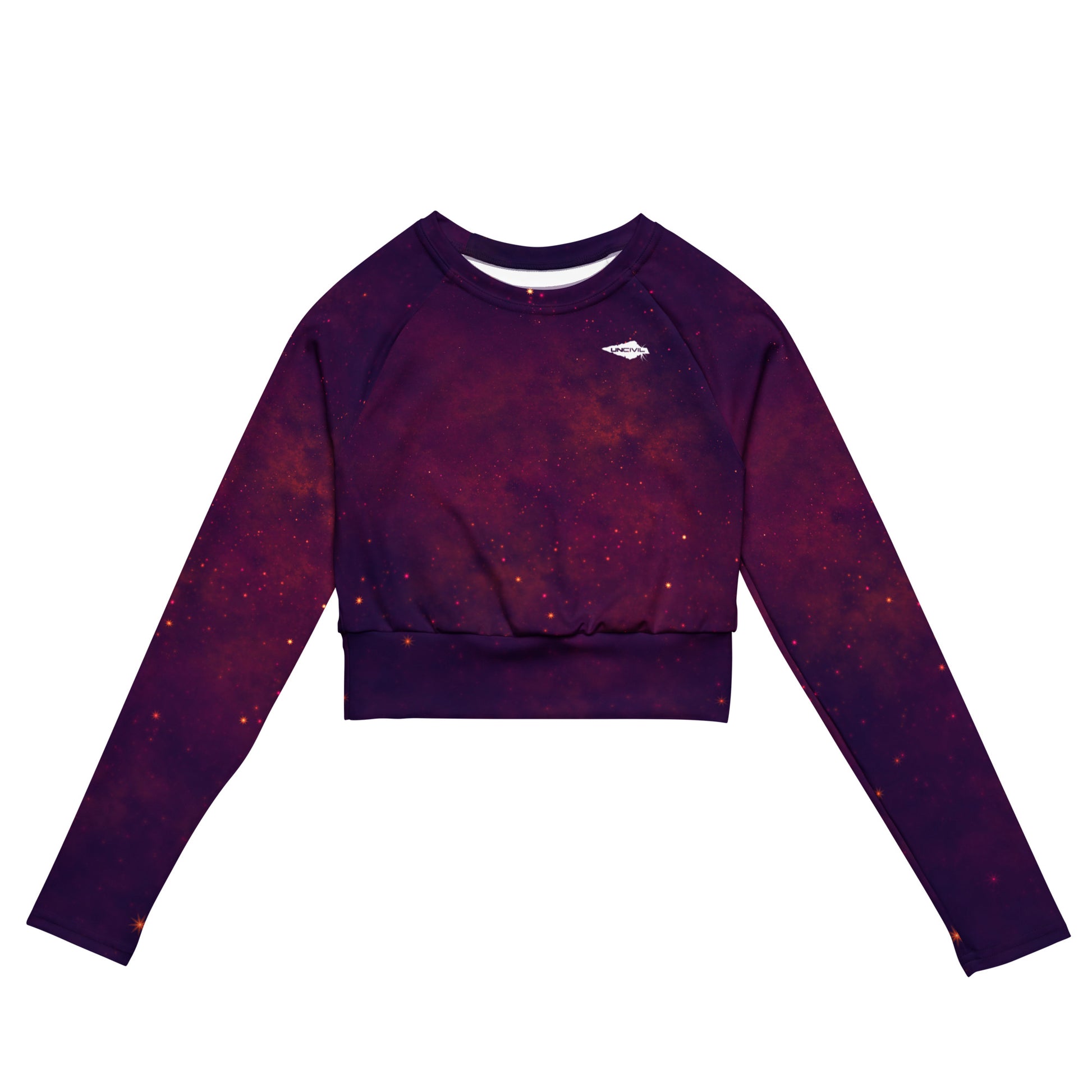 Astro long-sleeve crop top for women is made of recycled polyester and elastane, making it an eco-friendly choice for swimming, sports, or athleisure. UPF 50+.