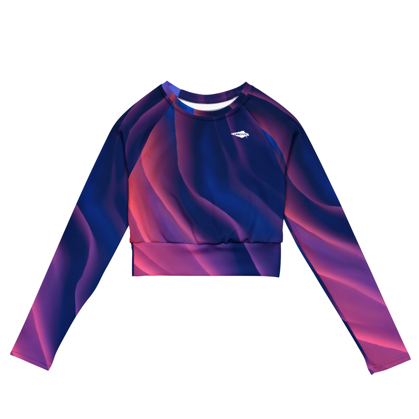 Milky Way long-sleeve crop top for women is made of recycled polyester and elastane, making it an eco-friendly choice for swimming, sports, or athleisure. UPF 50+.