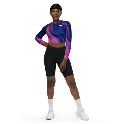 Milky Way long-sleeve crop top for women is made of recycled polyester and elastane, making it an eco-friendly choice for swimming, sports, or athleisure. UPF 50+.