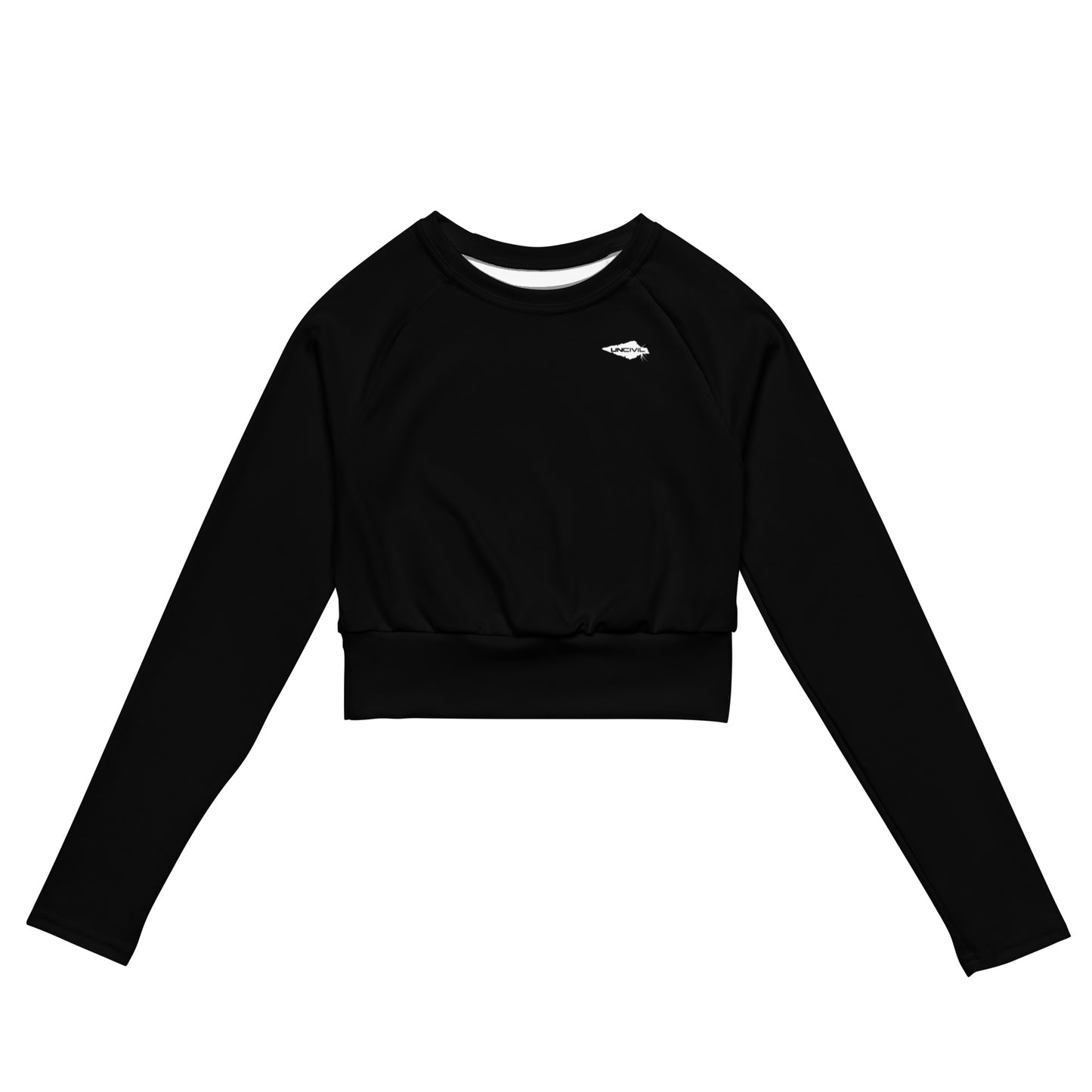 Black long-sleeve crop top for women is made of recycled polyester and elastane, making it an eco-friendly choice for swimming, sports, or athleisure. UPF 50+.