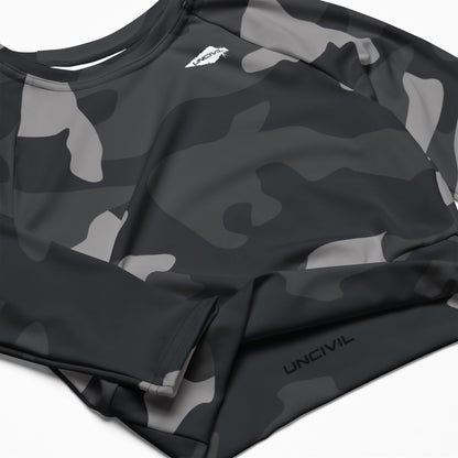 Grey Camo long-sleeve crop top for women is made of recycled polyester and elastane, making it an eco-friendly choice for swimming, sports, or athleisure. Army UPF 50+.