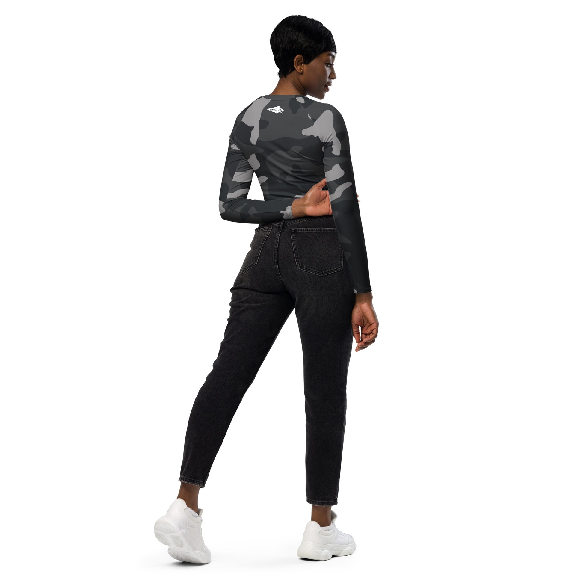 Grey Camo long-sleeve crop top for women is made of recycled polyester and elastane, making it an eco-friendly choice for swimming, sports, or athleisure. Army UPF 50+.