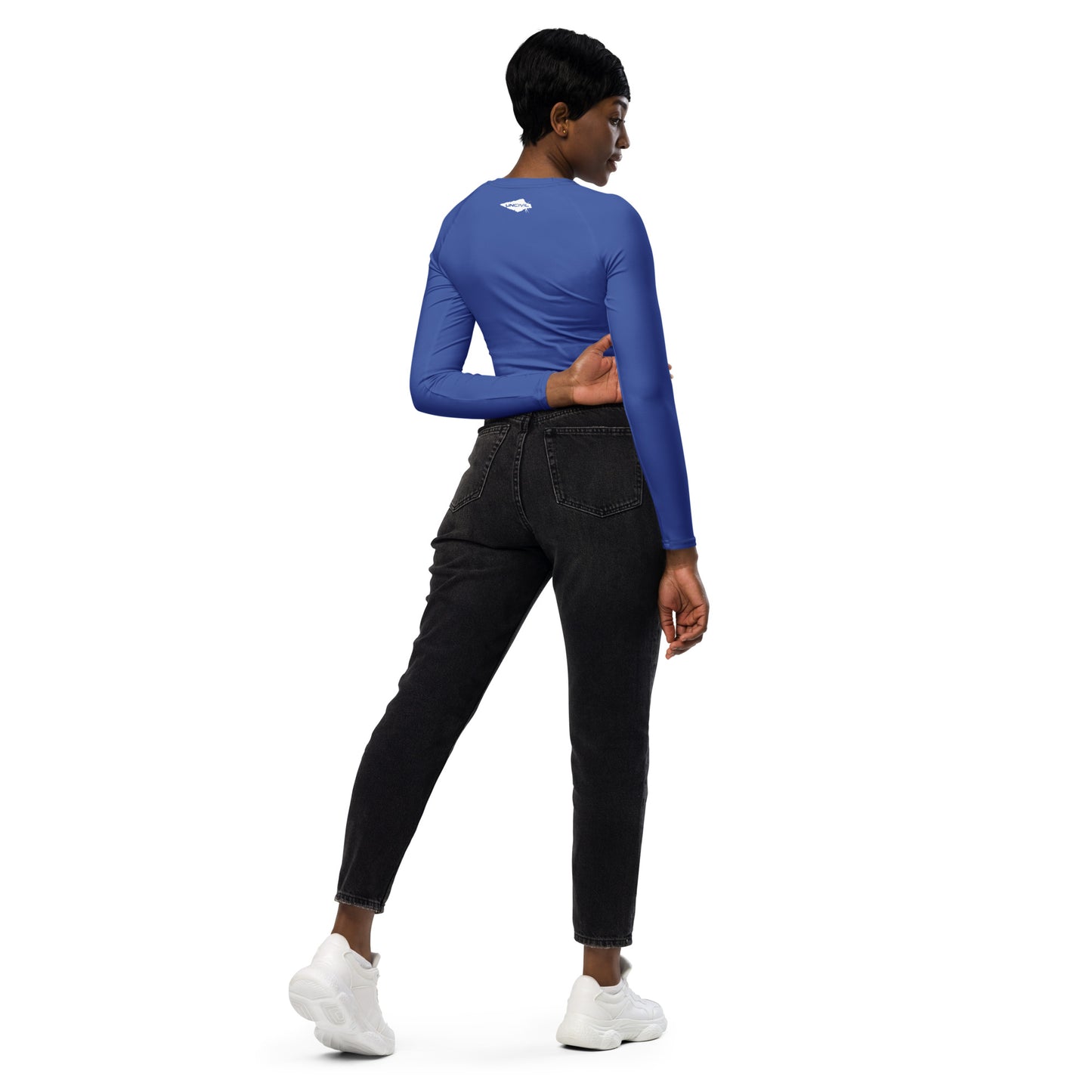 Baby Blue long-sleeve crop top for women is made of recycled polyester and elastane, making it an eco-friendly choice for swimming, sports, or athleisure. UPF 50+.