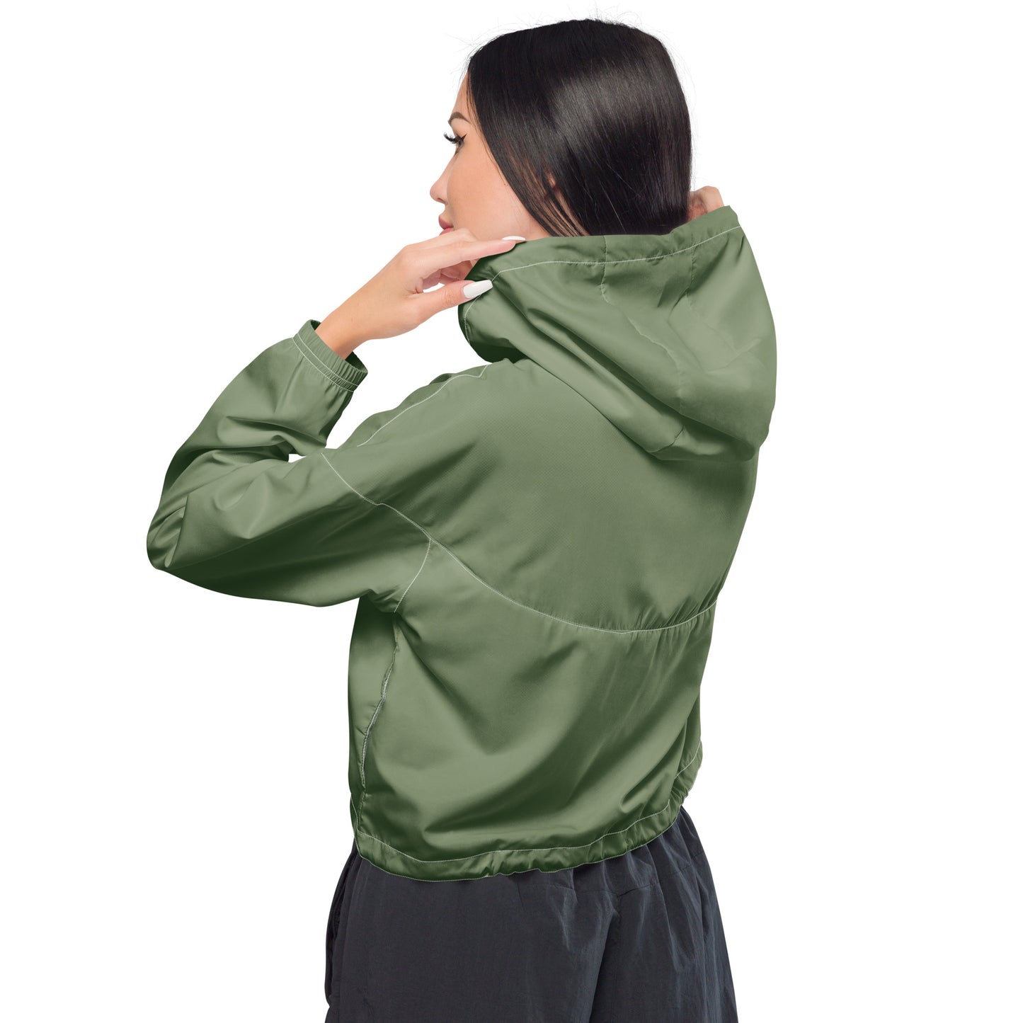 Army Green UNCIVIL cropped windbreaker is lightweight, waterproof, and suitable for every kind of adventure. Features include side-slit pockets, breathable mesh lining, and adjustable drawcords on the hood and waist.