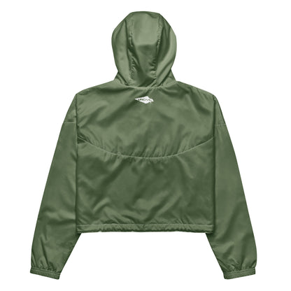 Army Green UNCIVIL cropped windbreaker is lightweight, waterproof, and suitable for every kind of adventure. Features include side-slit pockets, breathable mesh lining, and adjustable drawcords on the hood and waist.