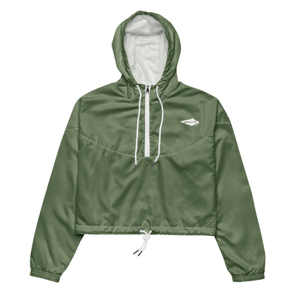 Army Green UNCIVIL cropped windbreaker is lightweight, waterproof, and suitable for every kind of adventure. Features include side-slit pockets, breathable mesh lining, and adjustable drawcords on the hood and waist.