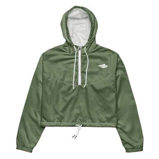 Army Green UNCIVIL cropped windbreaker is lightweight, waterproof, and suitable for every kind of adventure. Features include side-slit pockets, breathable mesh lining, and adjustable drawcords on the hood and waist.