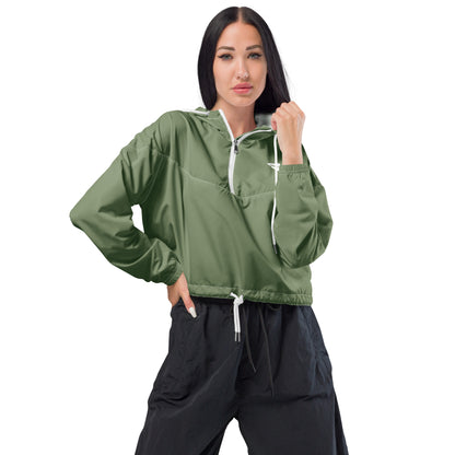 Army Green UNCIVIL cropped windbreaker is lightweight, waterproof, and suitable for every kind of adventure. Features include side-slit pockets, breathable mesh lining, and adjustable drawcords on the hood and waist.