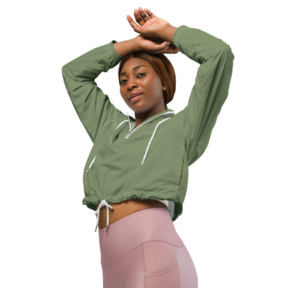 Army Green UNCIVIL cropped windbreaker is lightweight, waterproof, and suitable for every kind of adventure. Features include side-slit pockets, breathable mesh lining, and adjustable drawcords on the hood and waist.