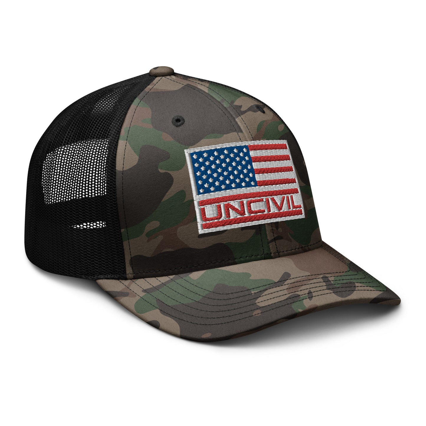 Camo American Flag Black Mesh Trucker Hat right view