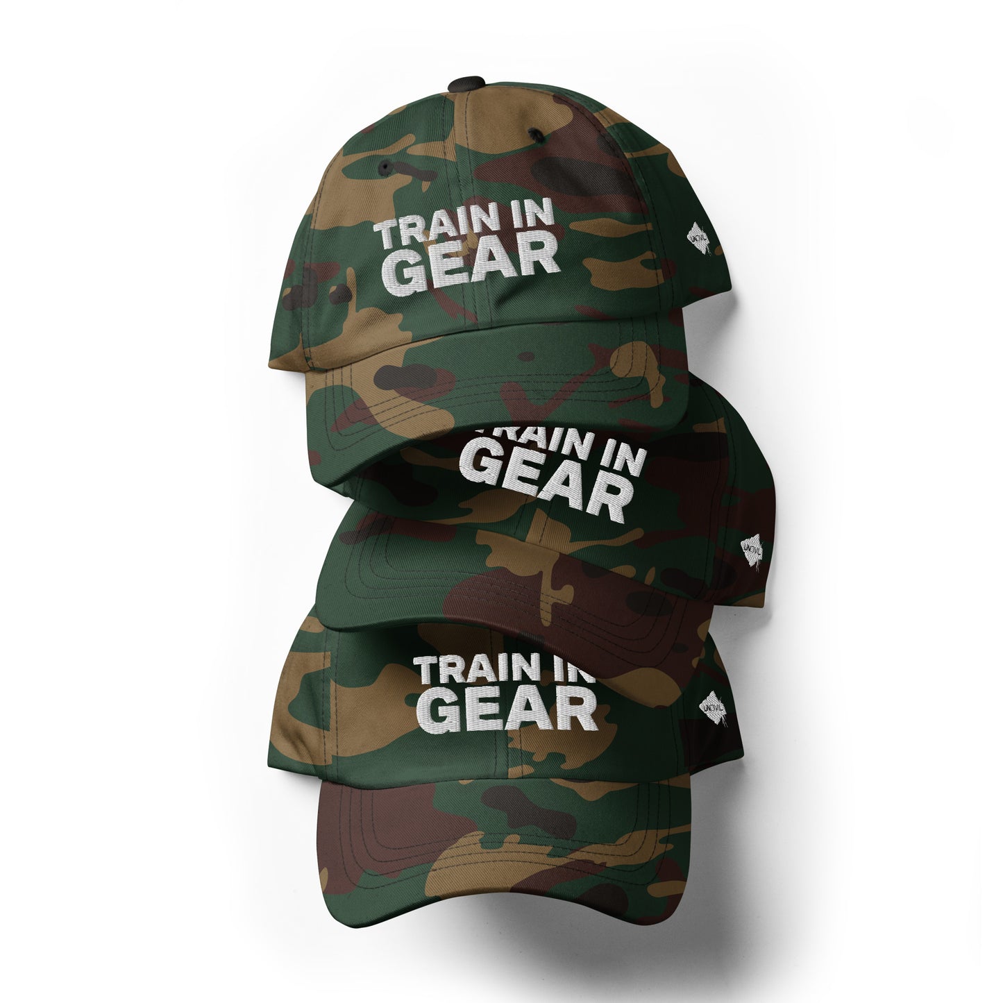 Train in Gear Firefighter hat. Camo Army baseball hat.