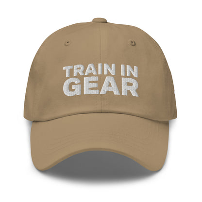Train in Gear Firefighter hat. Khaki baseball hat.