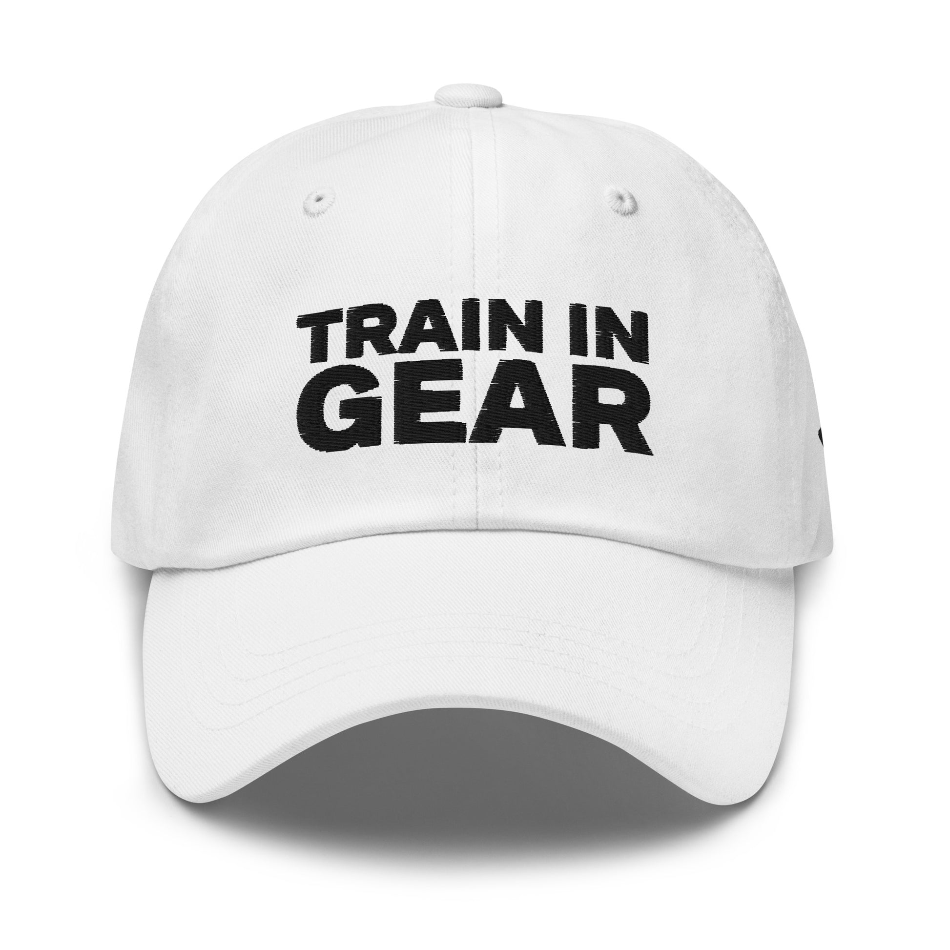 Train in Gear Firefighter hat. White baseball hat.
