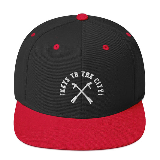 Black and red Keys to the City, Halligan Bar classic snapback hat for firefighters