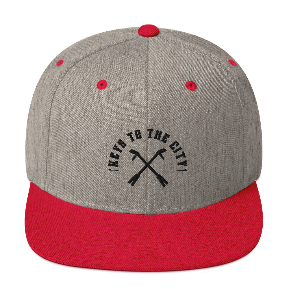 Heather Grey and Red Keys to the City, Halligan Bar classic snapback hat for firefighters