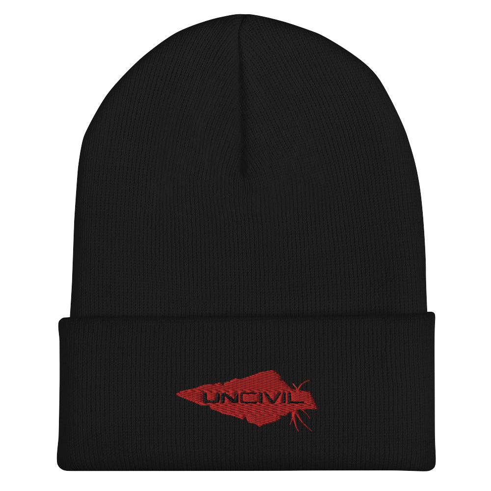 Our UNCIVIL Gold cuffed beanie is a snug, form-fitting beanie for men or women. Offered in Black with our Red UNCIVIL Spear. 