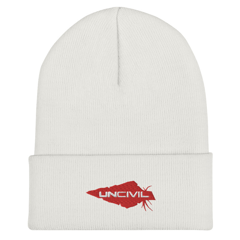 Our UNCIVIL Gold cuffed beanie is a snug, form-fitting beanie for men or women. Offered in White with our Red UNCIVIL Spear. 