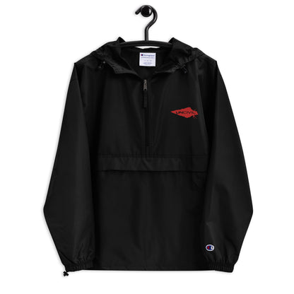 Wind and rain resistant hoodie packable champion and UNCIVIL Jacket in black with our red embroidered spear logo