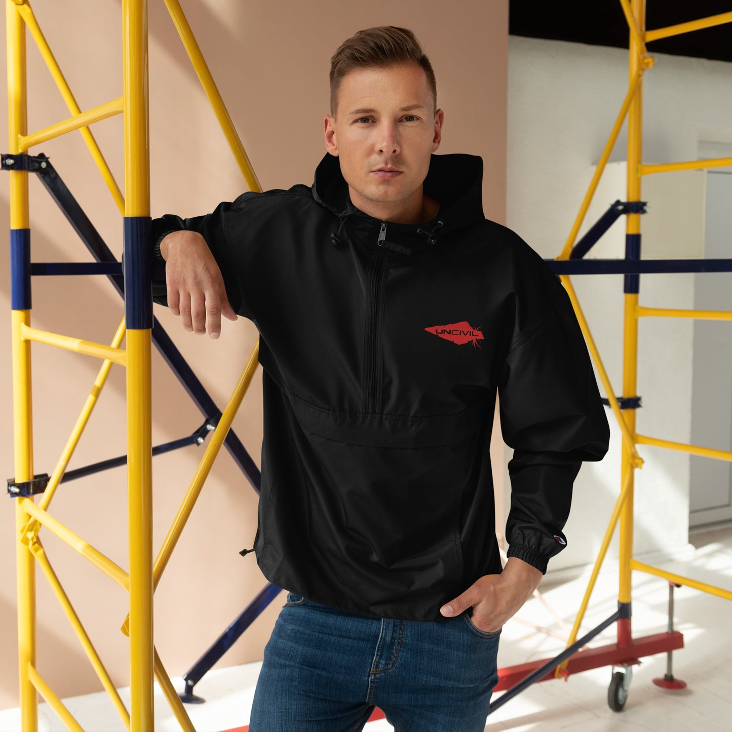 Wind and rain resistant hoodie packable champion and UNCIVIL Jacket in black with our red embroidered spear logo