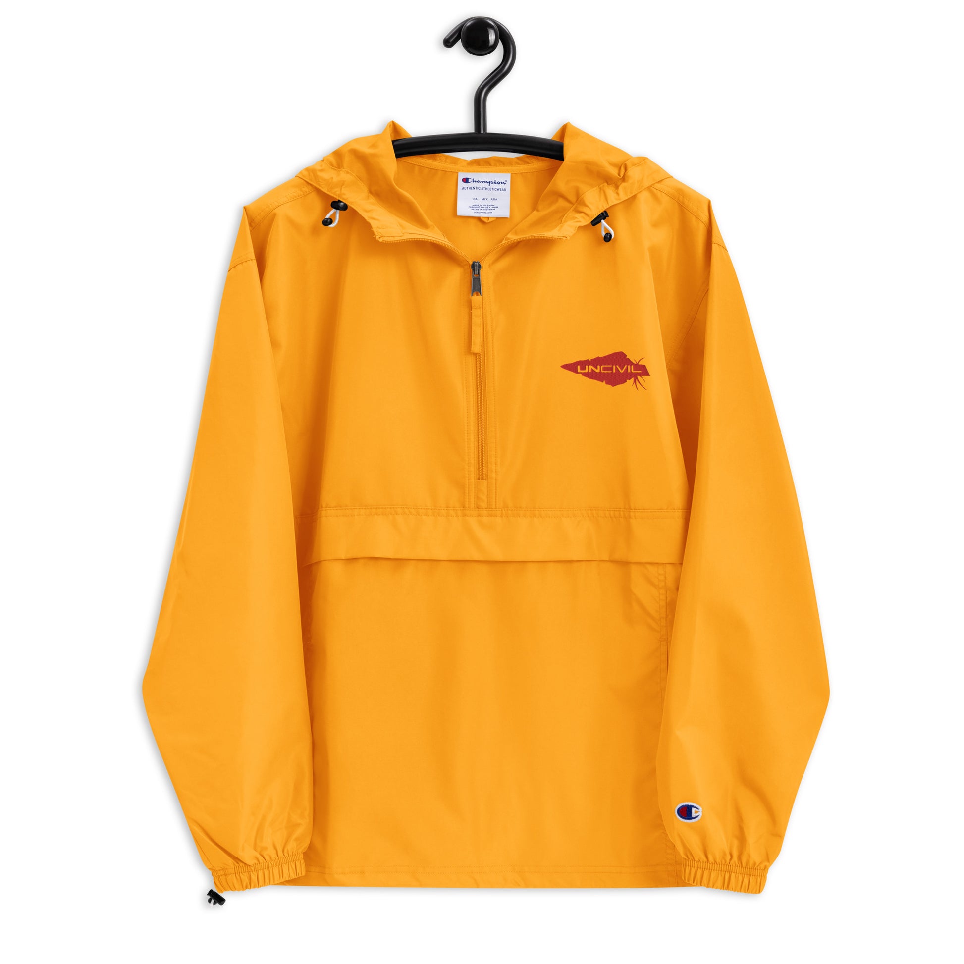 Wind and rain resistant hoodie packable champion and UNCIVIL Jacket in gold orange with our red embroidered spear logo