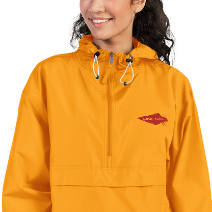 Wind and rain resistant hoodie packable champion and UNCIVIL Jacket in gold orange with our red embroidered spear logo