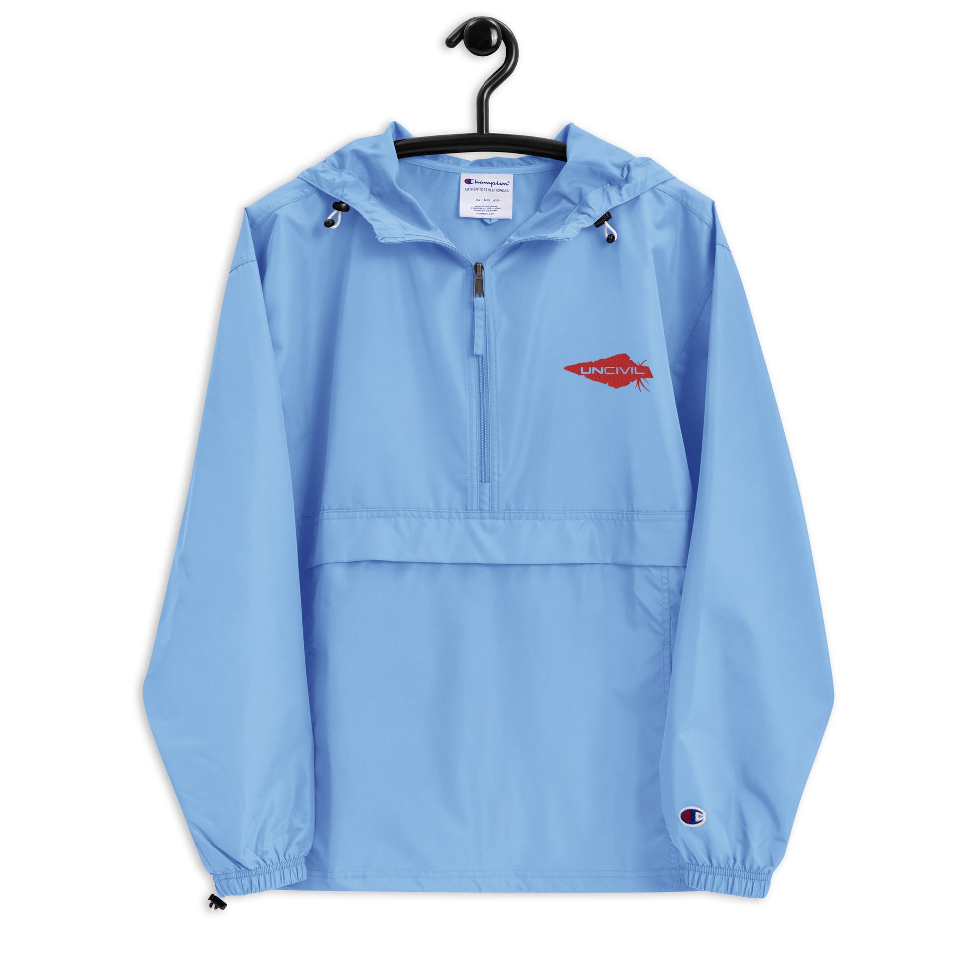 Wind and rain resistant hoodie packable champion and UNCIVIL Jacket in light blue with our red embroidered spear logo