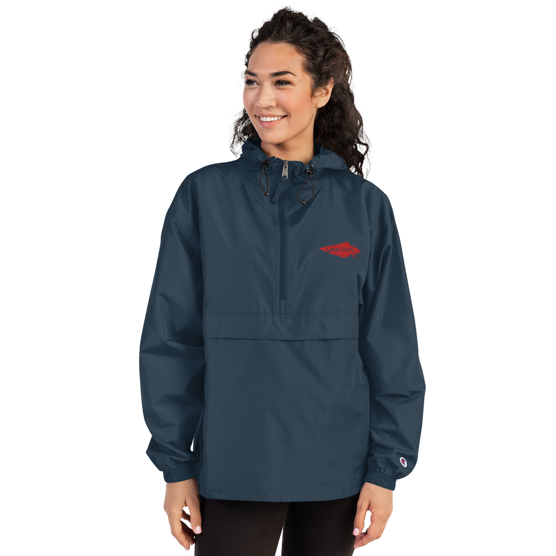 Wind and rain resistant hoodie packable champion and UNCIVIL Jacket in navy blue with our red embroidered spear logo