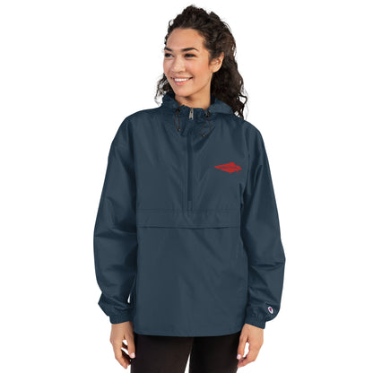 Wind and rain resistant hoodie packable champion and UNCIVIL Jacket in navy blue with our red embroidered spear logo