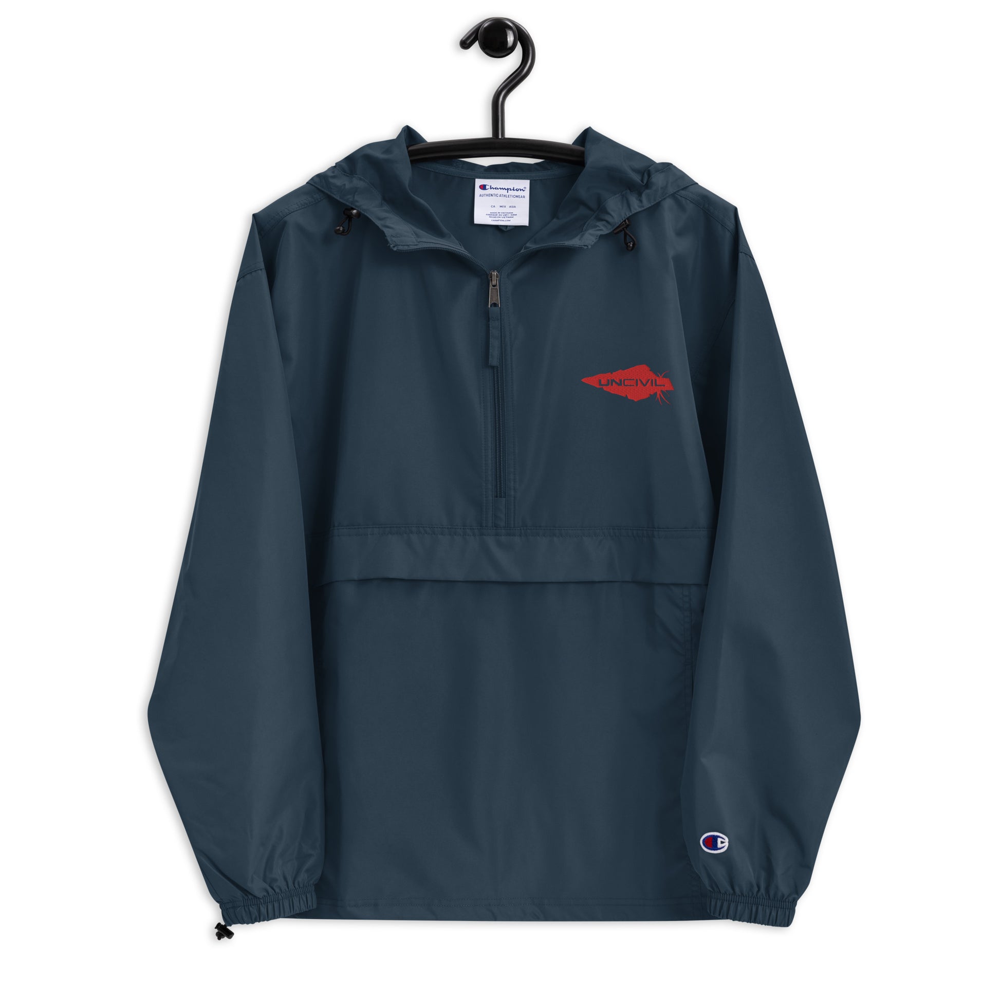 Wind and rain resistant hoodie packable champion and UNCIVIL Jacket in navy blue with our red embroidered spear logo