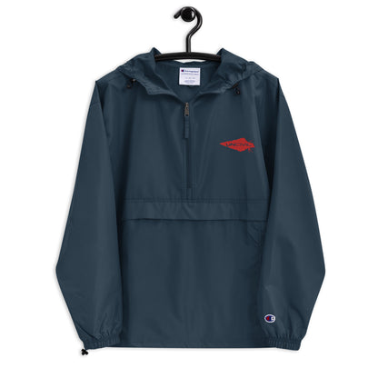 Wind and rain resistant hoodie packable champion and UNCIVIL Jacket in navy blue with our red embroidered spear logo