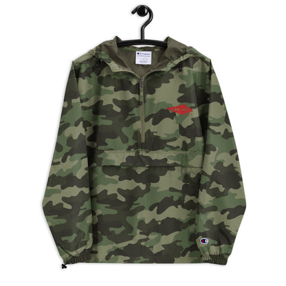 Wind and rain resistant hoodie packable champion and UNCIVIL Jacket in Olive Green Camo with our red embroidered spear logo