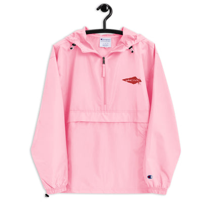 Wind and rain resistant hoodie packable champion and UNCIVIL Jacket in candy pink with our red embroidered spear logo