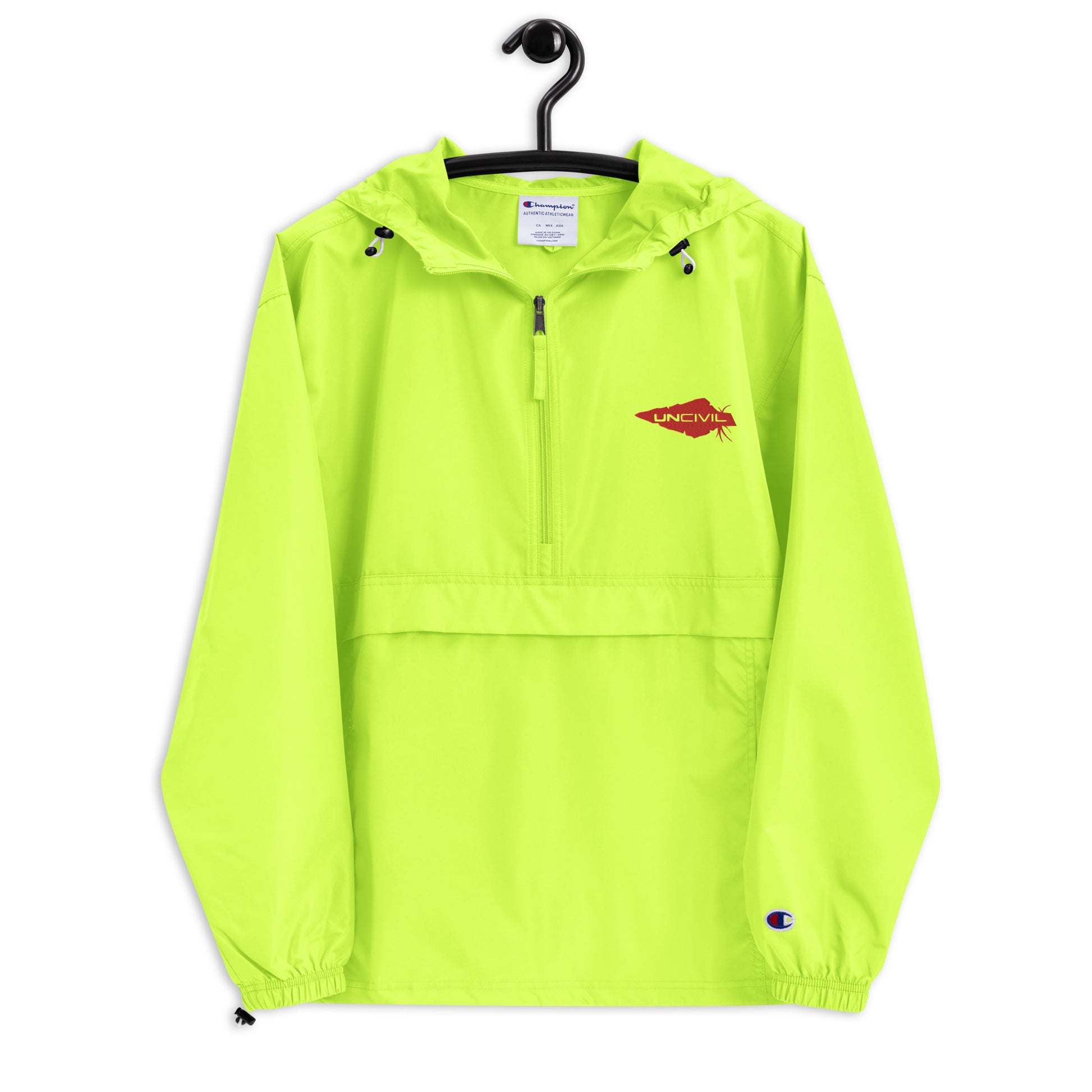 Wind and rain resistant hoodie packable champion and UNCIVIL Jacket in safety green with our red embroidered spear logo