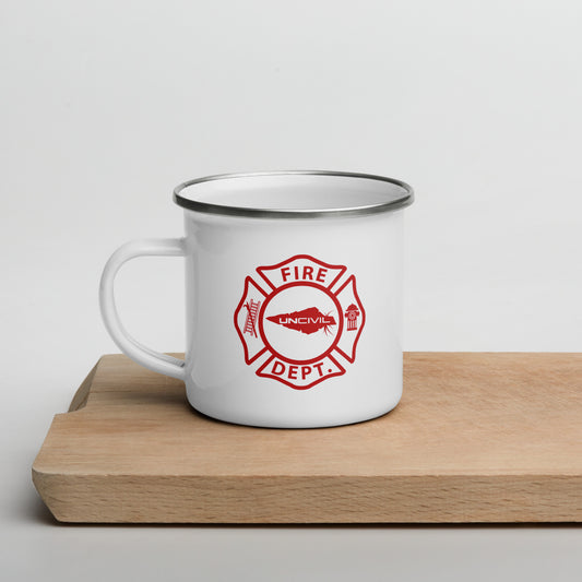 White enamel Firefighter Mug. Featuring the Maltese Cross design with our UNCIVIL spear in Red. 