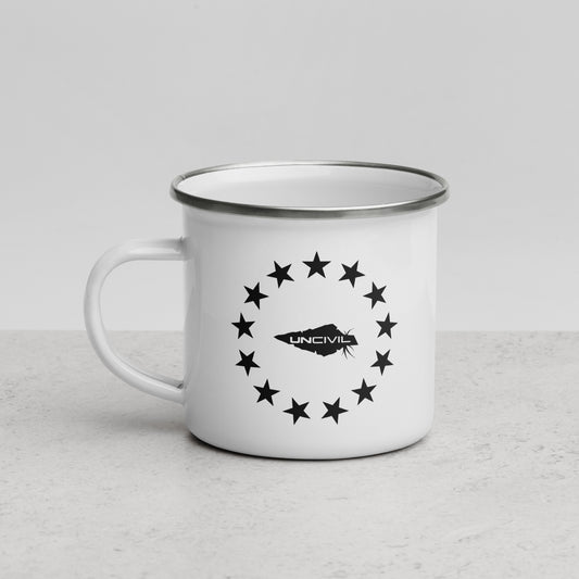 Betsy Ross enamel coffee mug with UNCIVIL spear. 