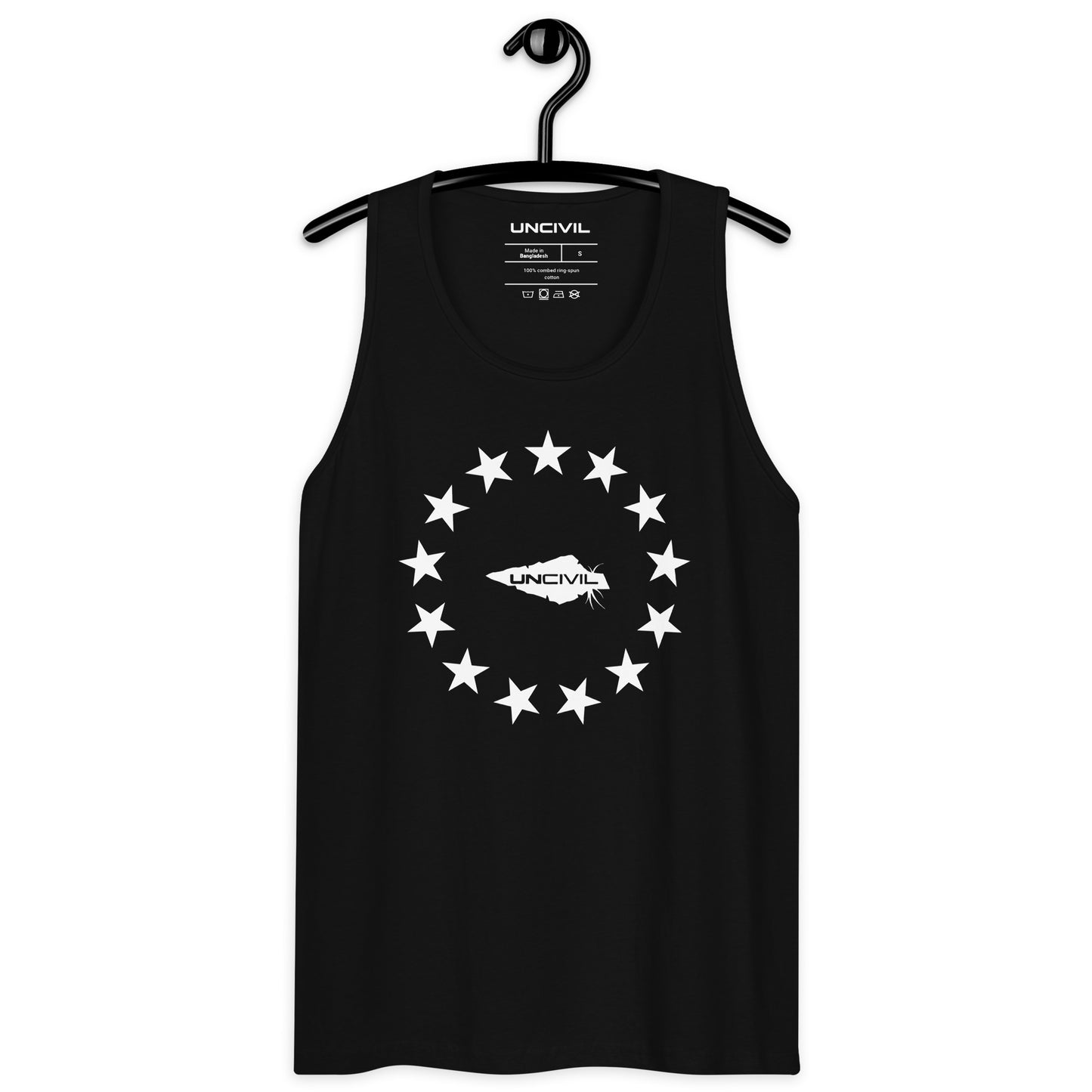Betsy Ross men's tank top. Featuring the iconic 13 stars design, this tank is perfect for anyone who loves America and its rich history. Black and white.