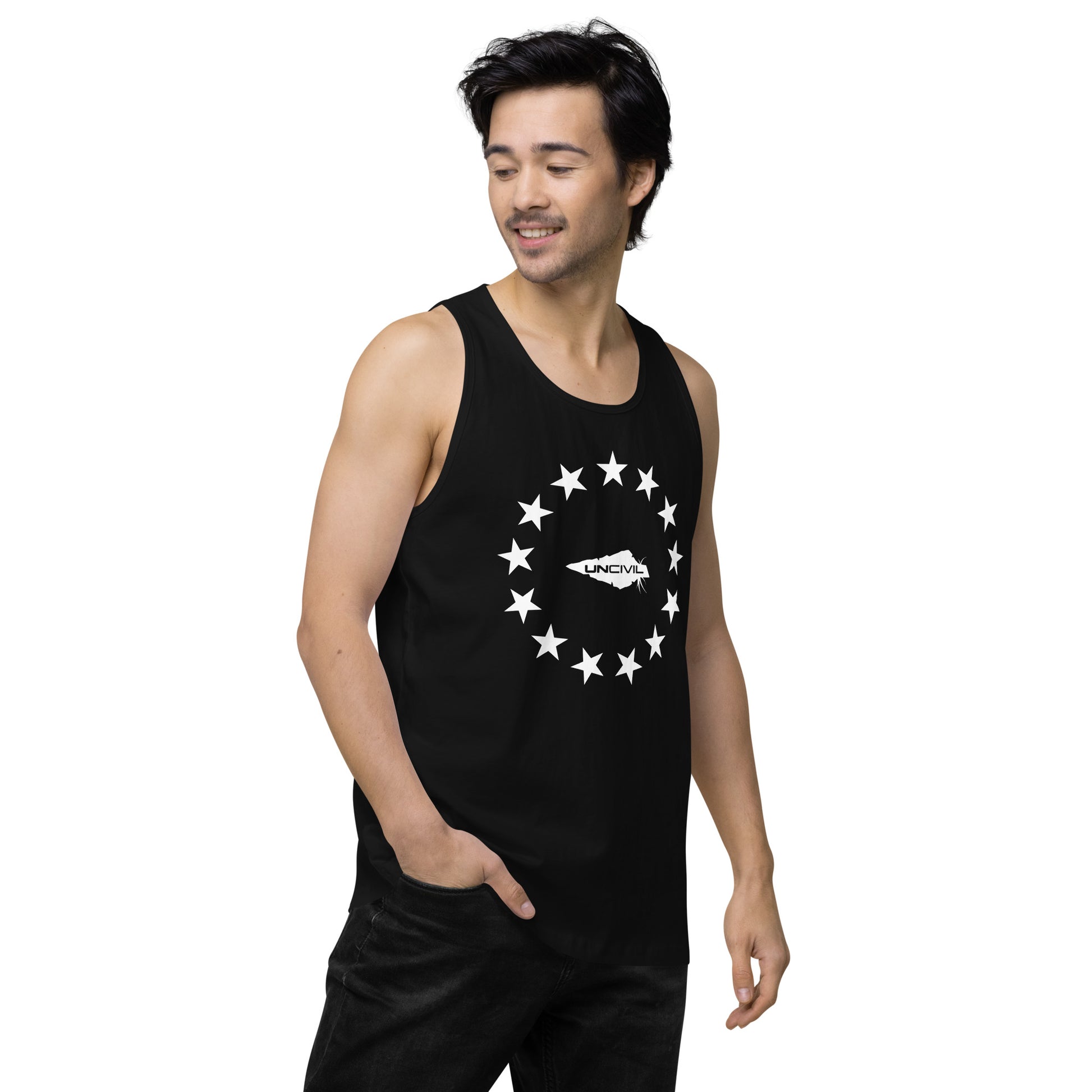 Betsy Ross men's tank top. Featuring the iconic 13 stars design, this tank is perfect for anyone who loves America and its rich history. Black and white.