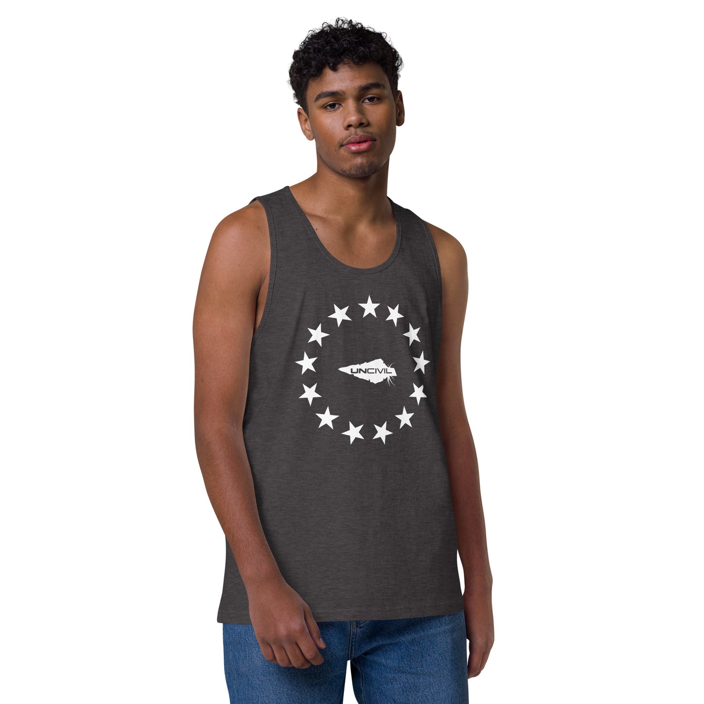 Betsy Ross men's tank top. Featuring the iconic 13 stars design, this tank is perfect for anyone who loves America and its rich history. Grey and white.